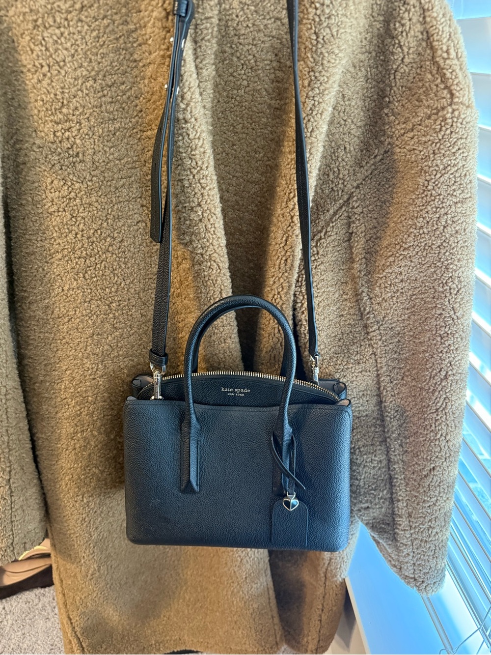 kate spade black pebbled leather satchel with top handles and crossbody strap